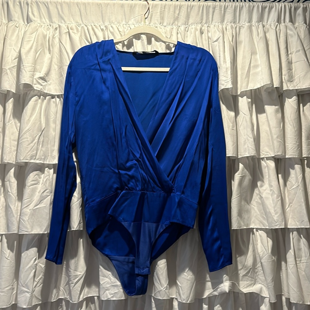 Royal Blue Zara blouse like satin bodysuit
